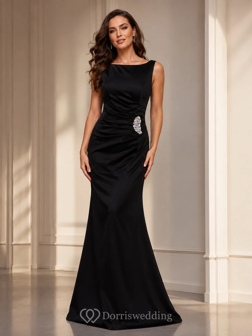 Cap-sleeved Bateau-neck Satin Gown With Beadings