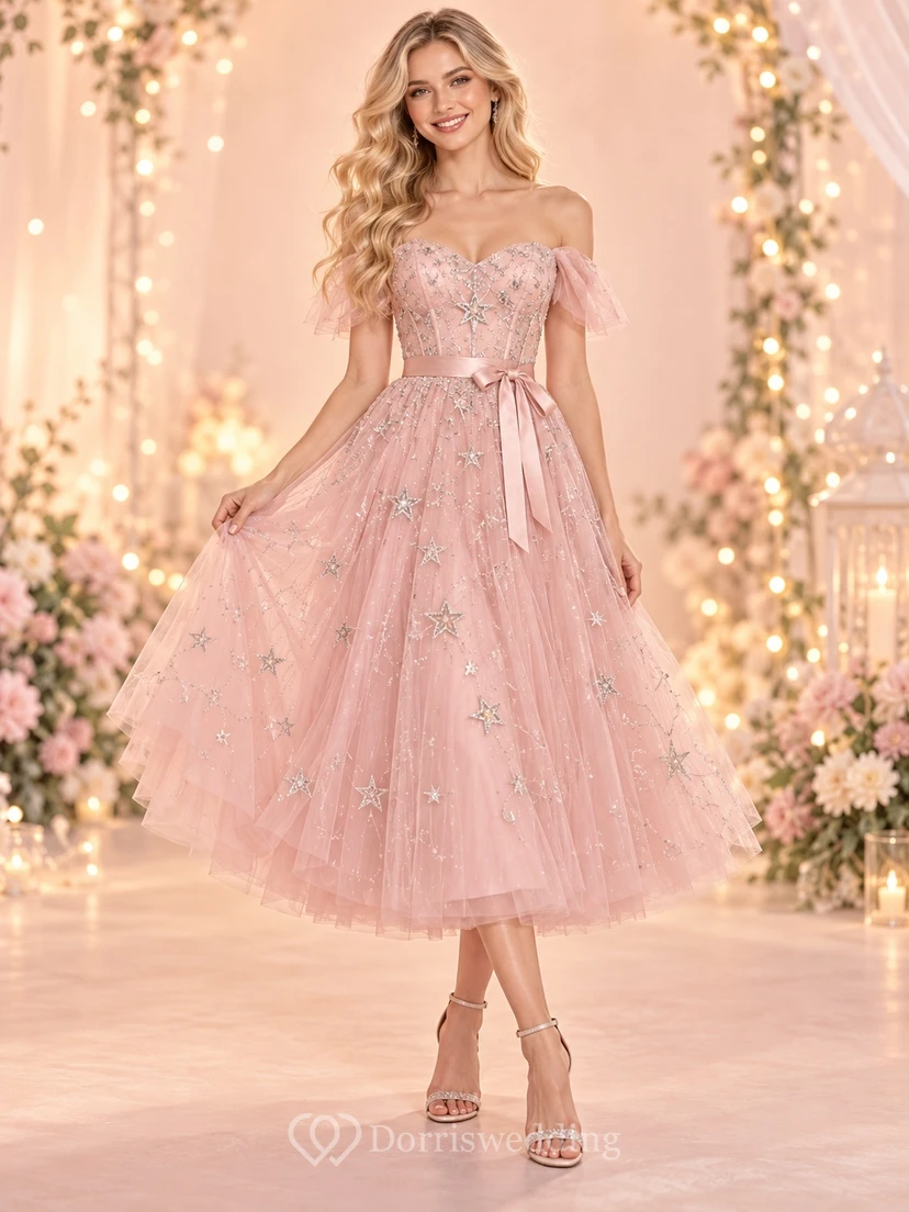 Fairy Tea-length Pink Sweetheart Off Shoulder Star Tulle Birthday Dress