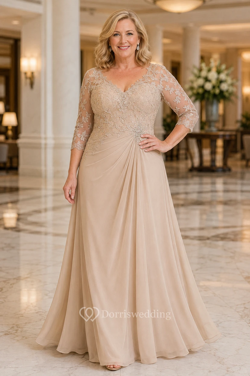 MOB Dress Champagne Chiffon Lace A-Line 3/4 Sleeve Bateau Neck Floor Length
