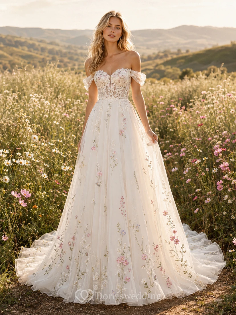 Robe de mariée trapèze à épaules dénudées et imprimé floral champêtre