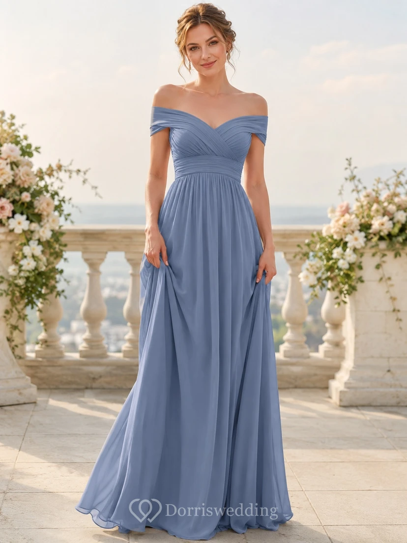 Steel Blue Off-Shoulder Pleated Chiffon A-Line Floor-Length Romantic Formal Bridesmaid Dress