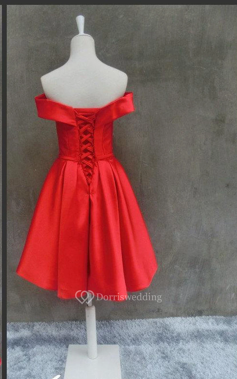 Short Off-the-shoulder Satin Dress With Lace-up Back view 2