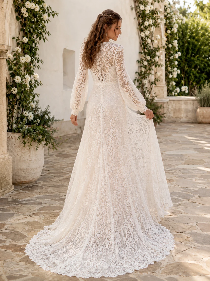 Bohemian V Neck Lace Wedding A Line Long Bell Sleeve Sweep Train view 2