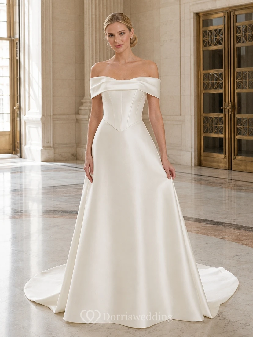 Vestido de novia sencillo y elegante de corte A en satén blanco con hombros descubiertos