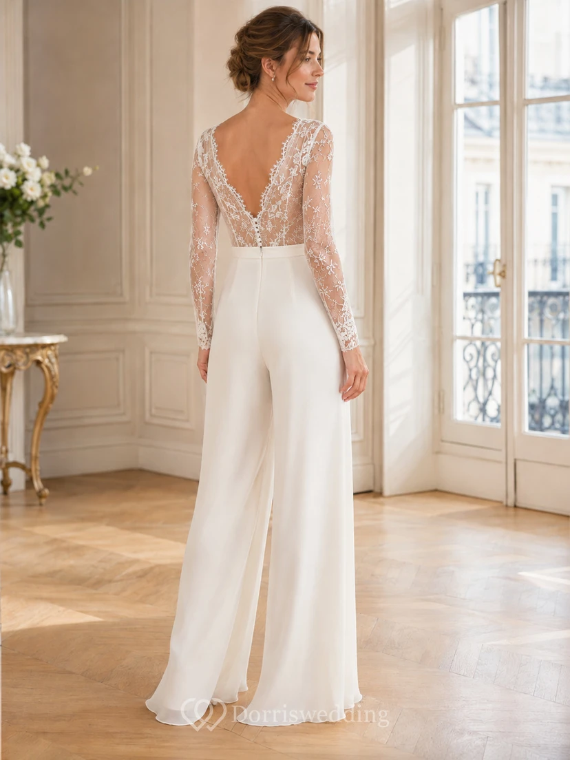 Romantic Deep V Long Illusion Lace Sleeve Wide Leg Wedding Jumpsuit view 2
