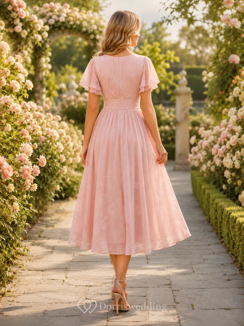 Blush Romantic Garden Wedding Guest Dress A-Line Tulle Chiffon V-Neck Short Sleeve Tea-Length Ruched view 2