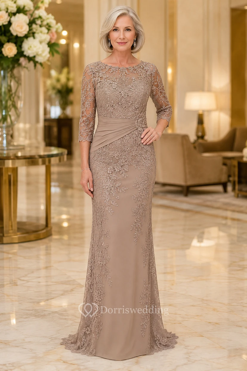 Taupe Three-Quarter Sleeve Lace Sheath Mother Dress