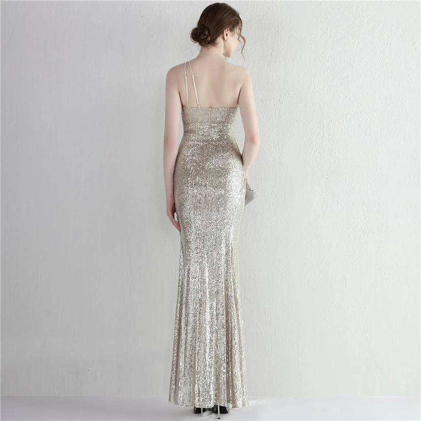 Sequined One-Shoulder Celebrity Cold Banquet Slit Long Sequin Aura Queen Dinner Fishtail Dress view 60