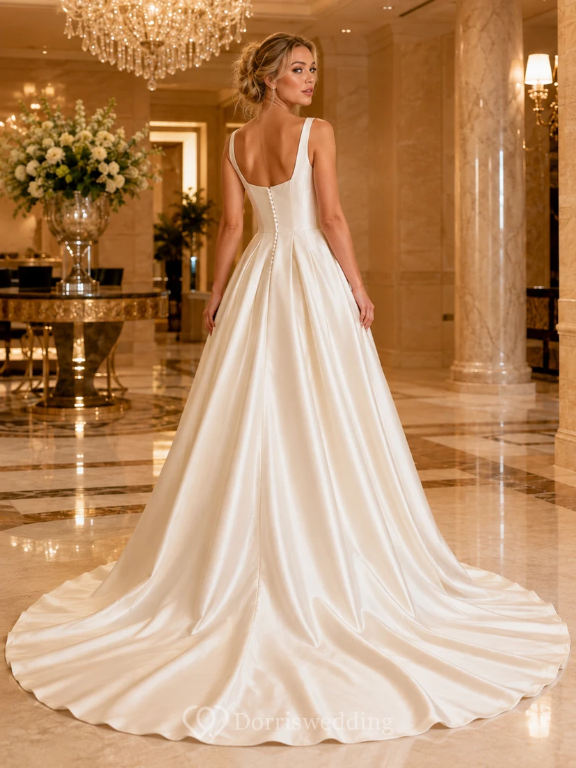 Champagne Square Neck Satin Hotel Ball Gown Bridal Dress view 2