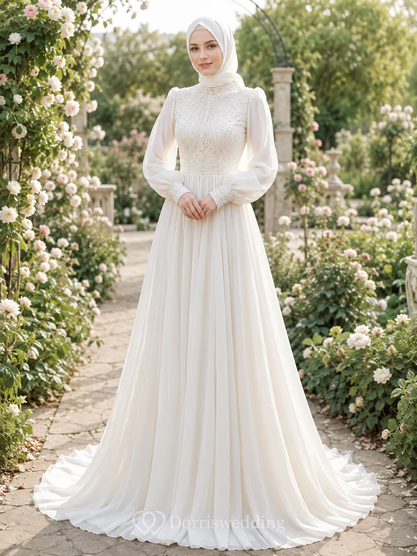 Vestido de novia musulmán modesto de gasa con corpiño de encaje y corte en A para ceremonia en el jardín.