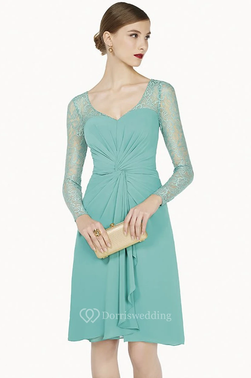 V Neck Illusion Long Sleeve Knee Length Chiffon Prom Dress With Cascading Skirt