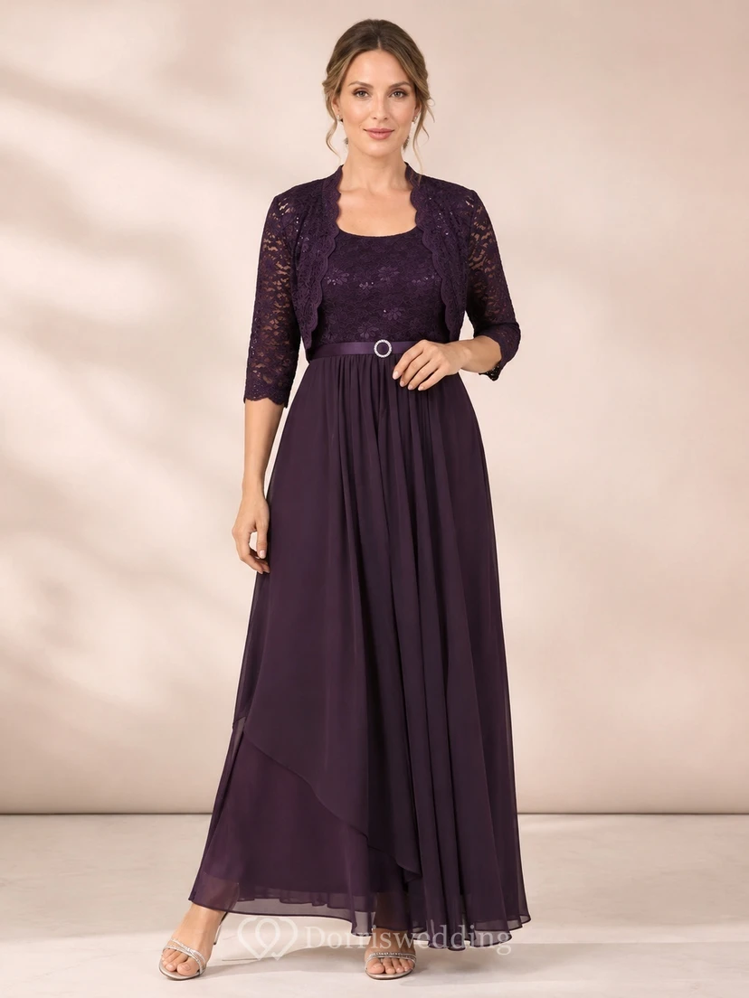 Modest Plum Lace Bolero Scoop Chiffon A-Line Floor-Length Mother Gown