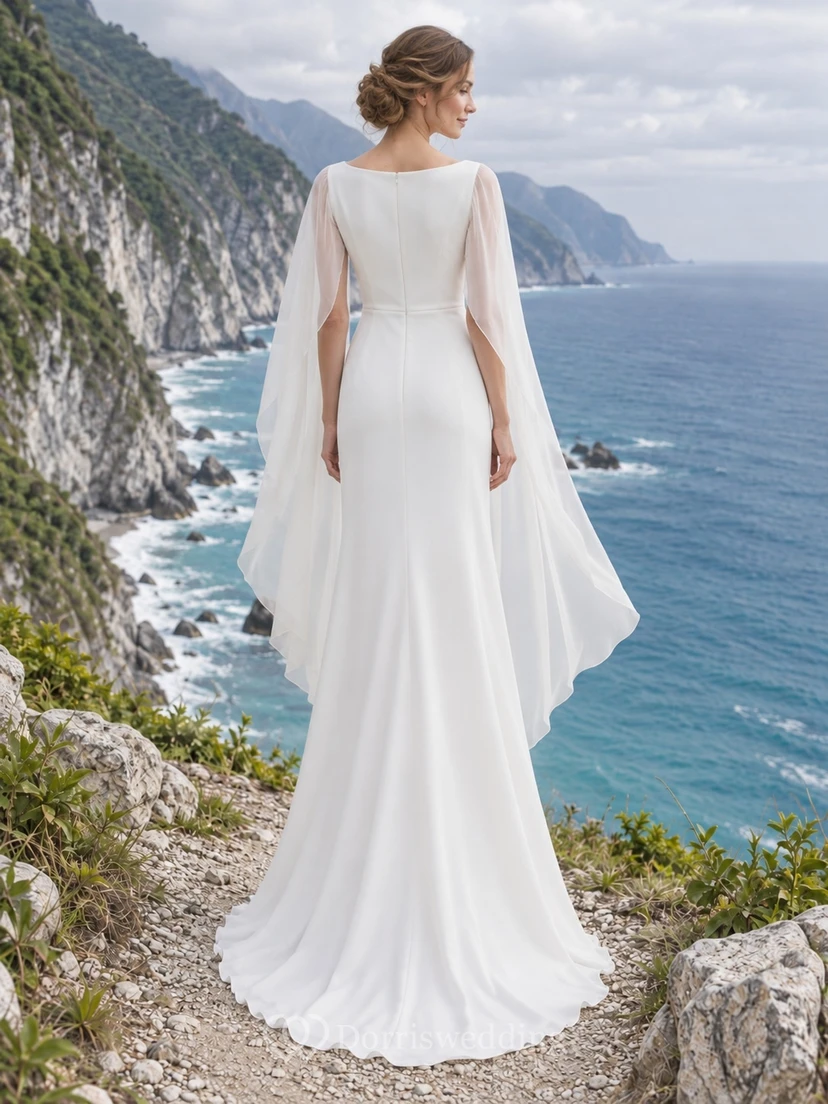 Schlichtes, elegantes Chiffon-Brautkleid mit hohem Kragen, Cape und Schleppe view 2