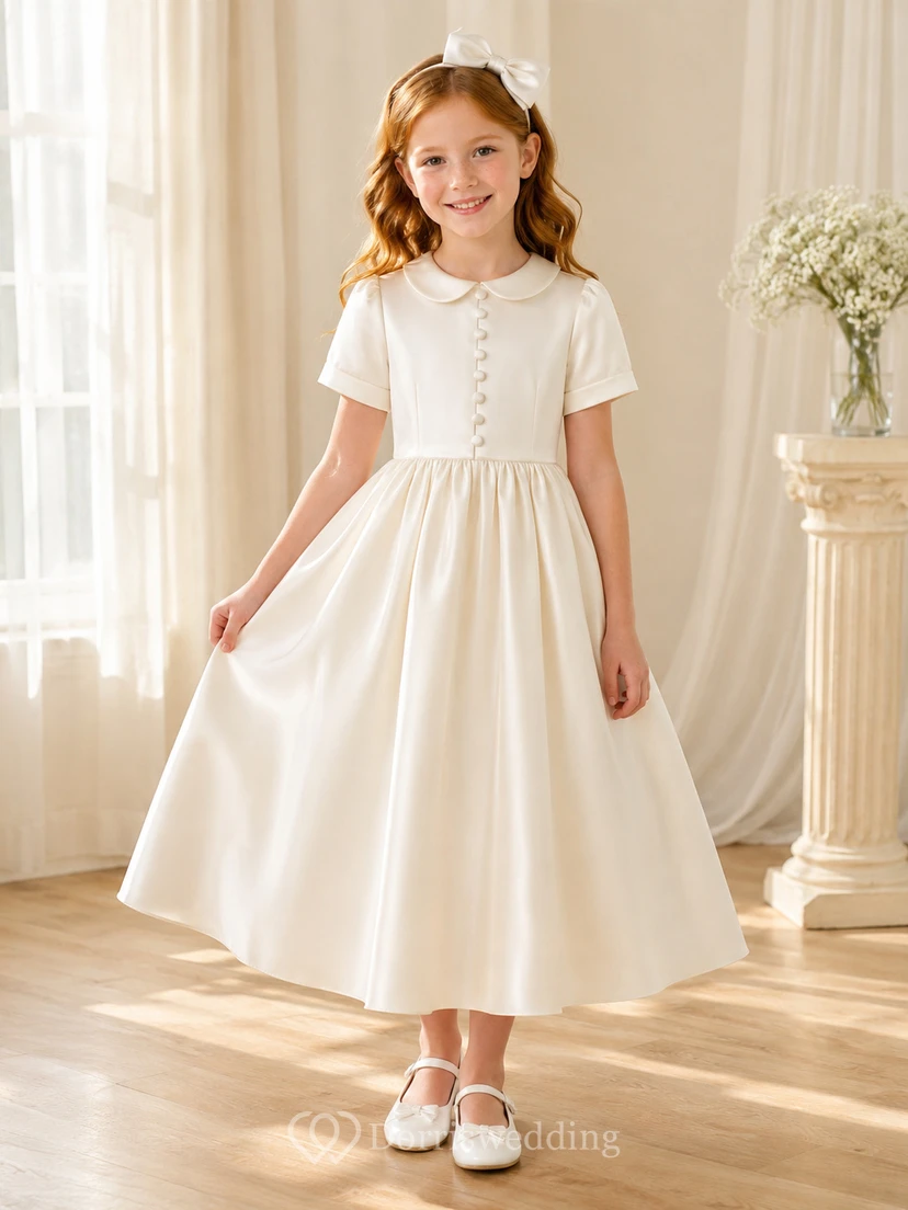 Vestido de satén para niña de las flores con cuello Peter Pan y botones delanteros para la Primera Comunión
