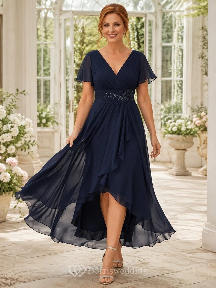 Robe de cérémonie bleu marine anniversaire, col V, manches papillon, en mousseline, coupe trapèze asymétrique, ourlet arrondi.