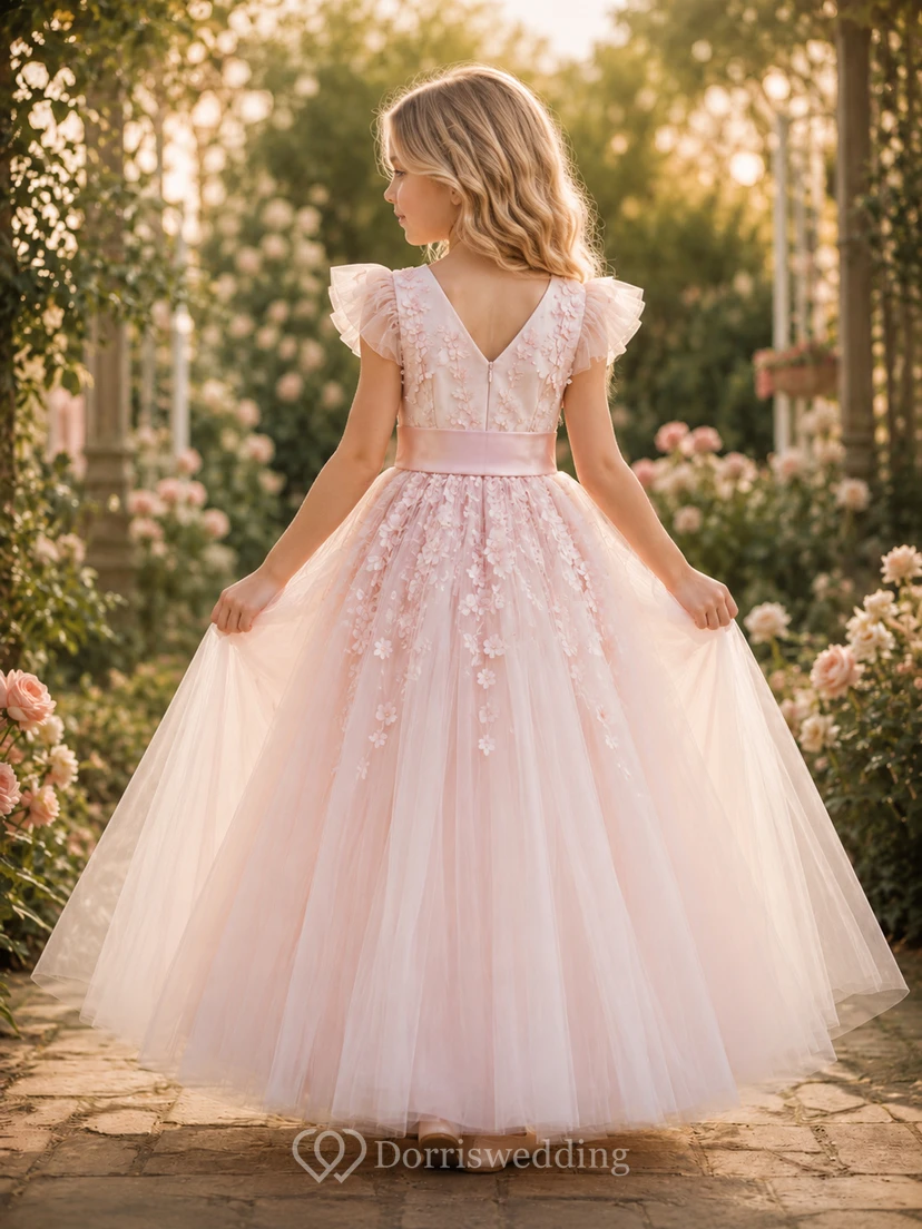 Flower Girl Dress Blush Lace Tulle A-Line Short Sleeve Jewel Neck Tea Length view 2
