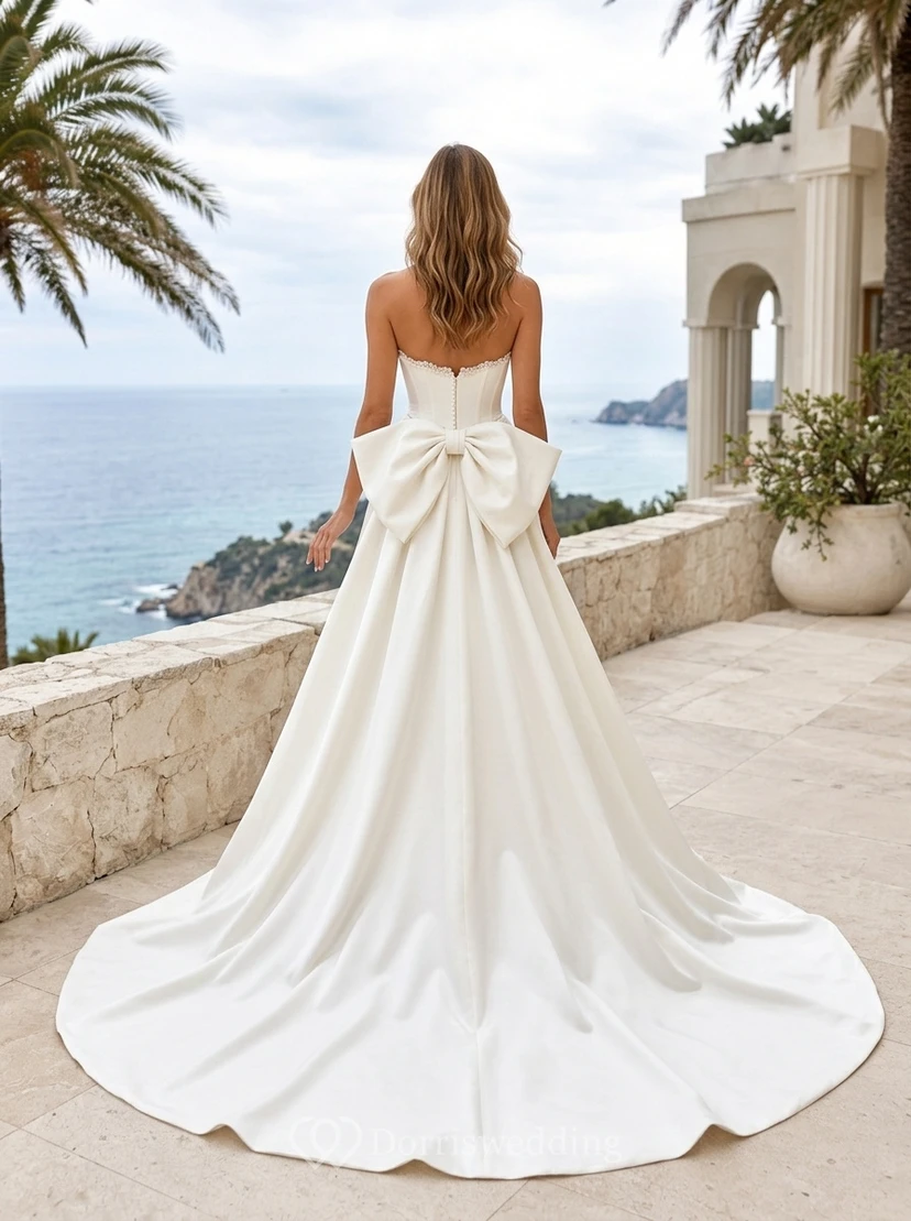 Trägerloser Hochzeitsjumpsuit mit Schleife am Rücken und Schleppe view 2
