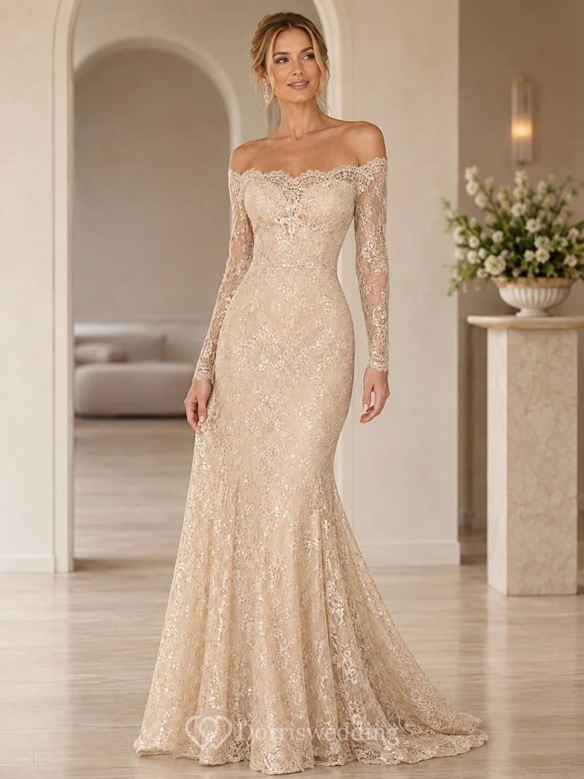 Vestido de noche formal estilo sirena con mangas largas, hombros descubiertos, encaje y cola larga.