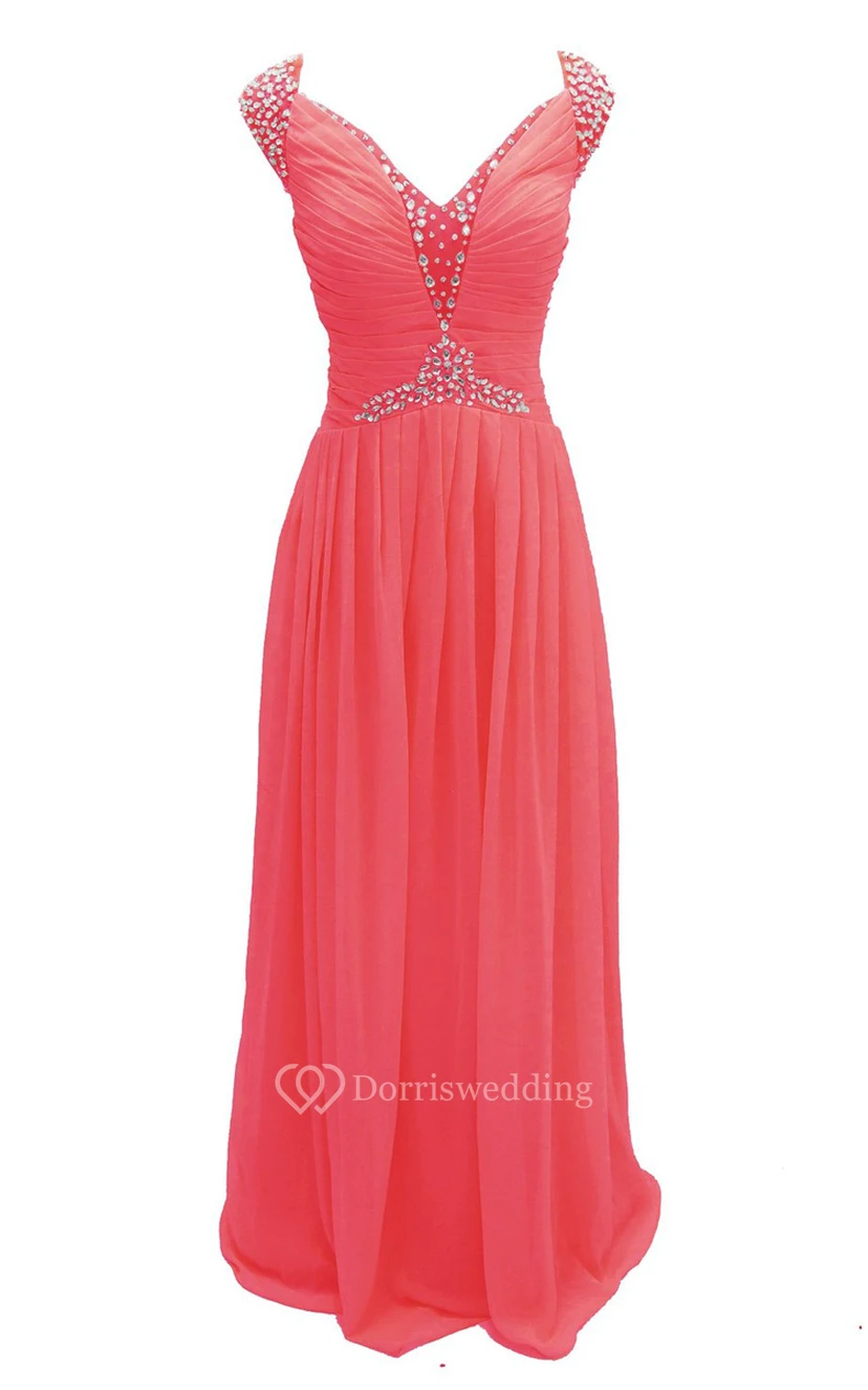Cap-sleeve V-neck Chiffon A-line Gown With Crystal Detail view 13
