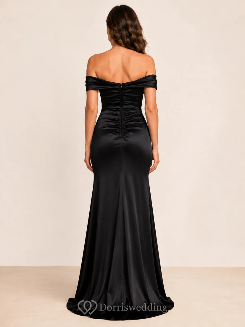 Black Off Shoulder Ruched Slit Mermaid Formal Dress view 2