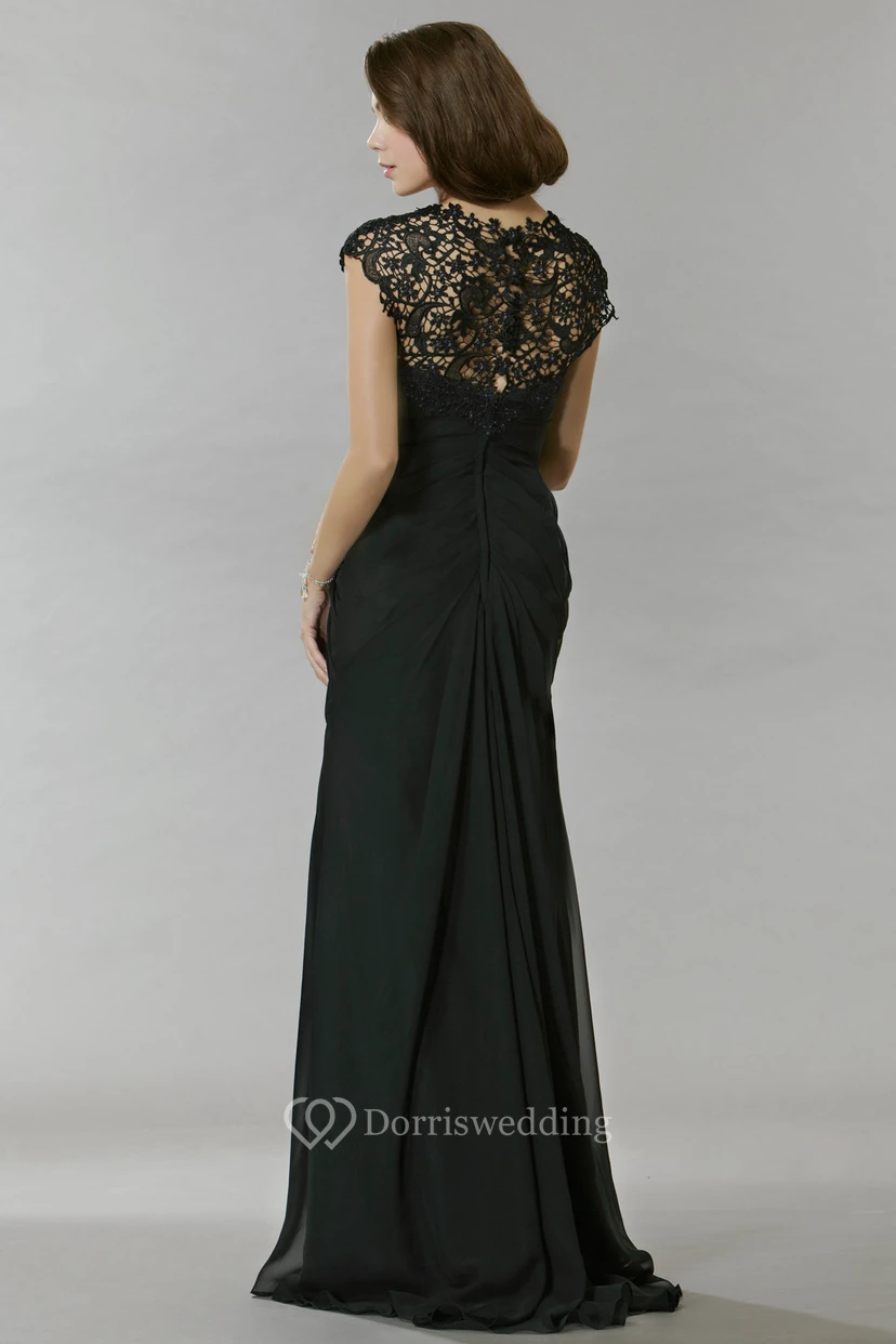 Sheath Long Lace Jewel Cap-Sleeve Chiffon Prom Dress With Beading And Draping view 2
