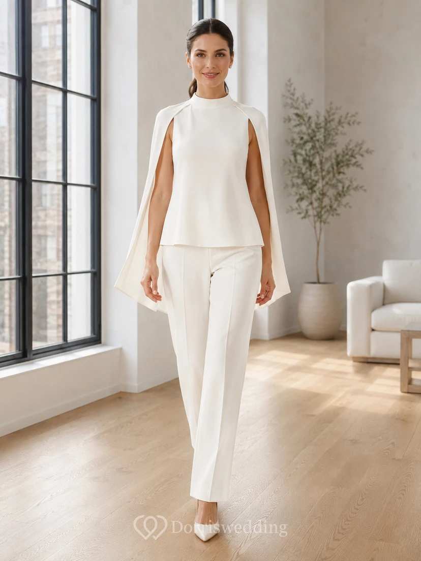 Modern Bridal Pantsuit Two Piece High Neck Cape Top Tapered Wedding Outfit