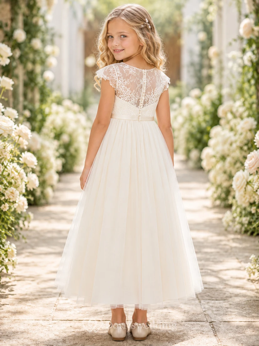 Vestido de novia modesto para niña de las flores, estilo jardín, con mangas cortas de tul y corte en A, de encaje y estilo ilusión. view 2