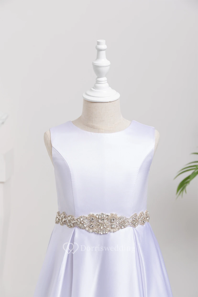 Satin Scoop-neck Sleeveless Solid Flowergirl Dress with Beaded Waist view 5