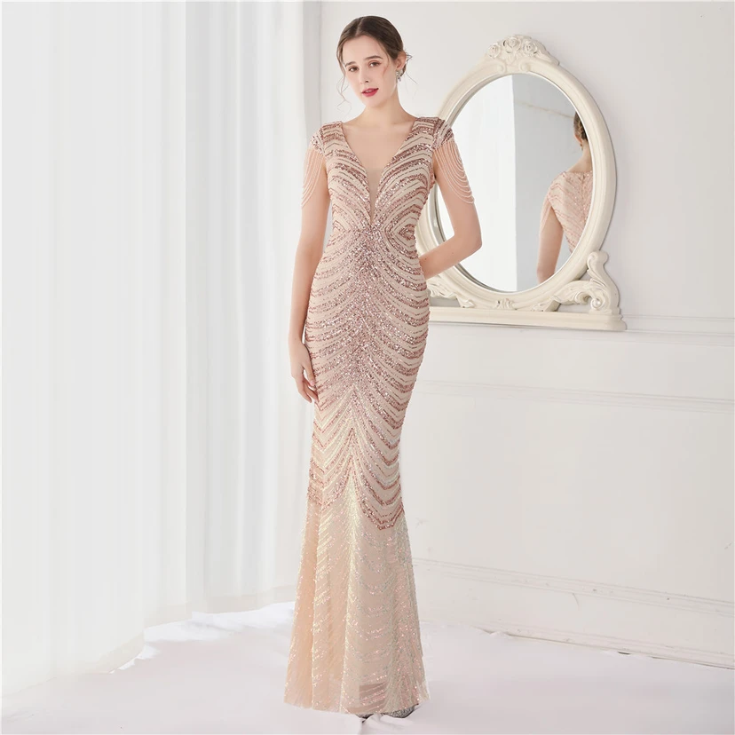 Paillettenbesetztes, handwerklich perfekt gefertigtes, perlenbesetztes Party-Abendkleid – sexy langes Kleid für die Braut view 37