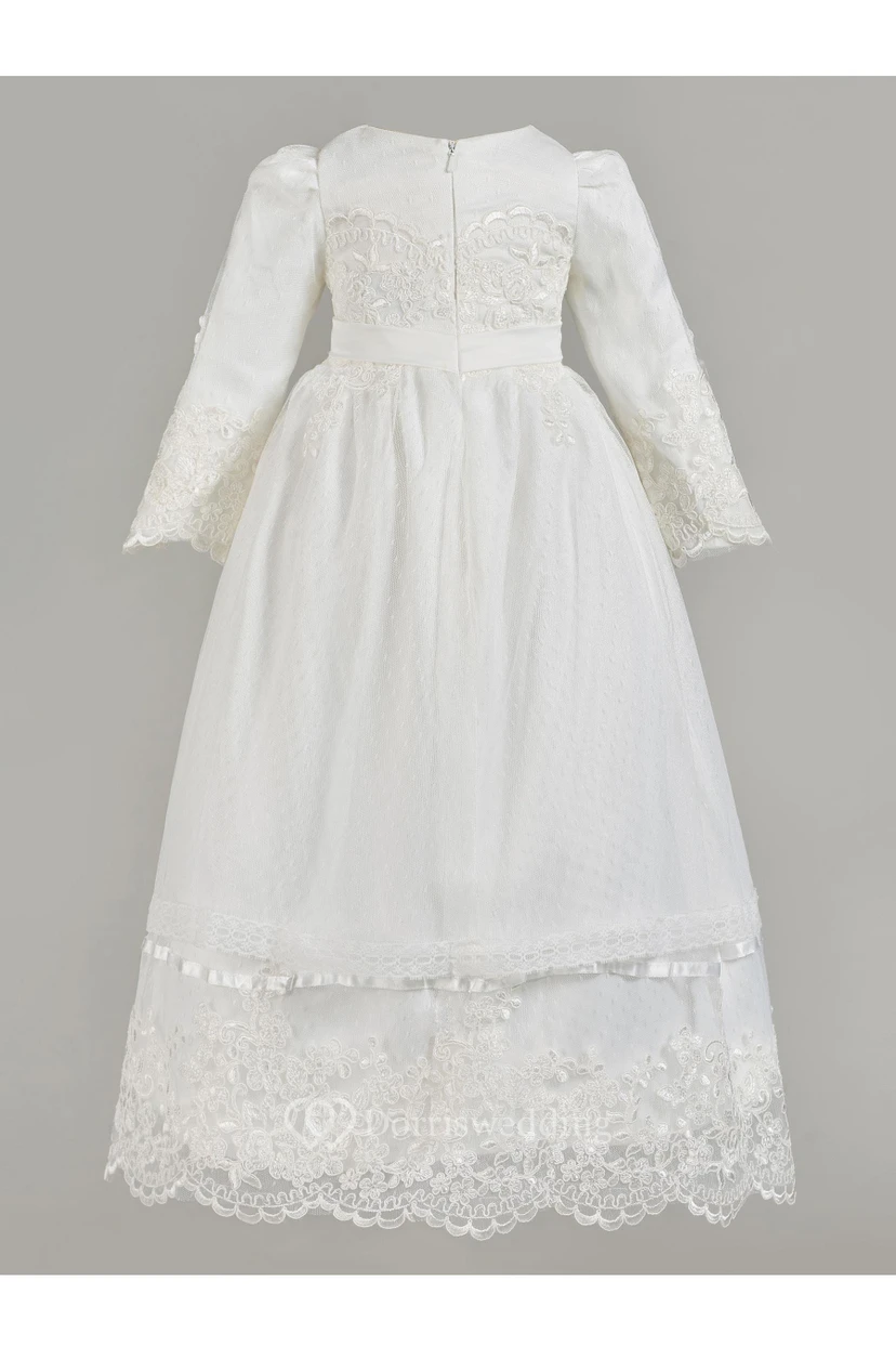 Modest Long Sleeve Christening Dress With Zipper Back view 2