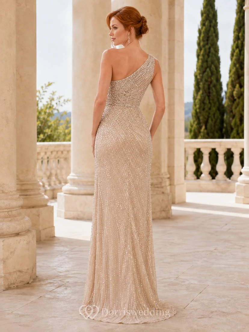 Champagne One-Shoulder Sleeveless Sequins Sheath Floor-length Split Formal Dress view 2