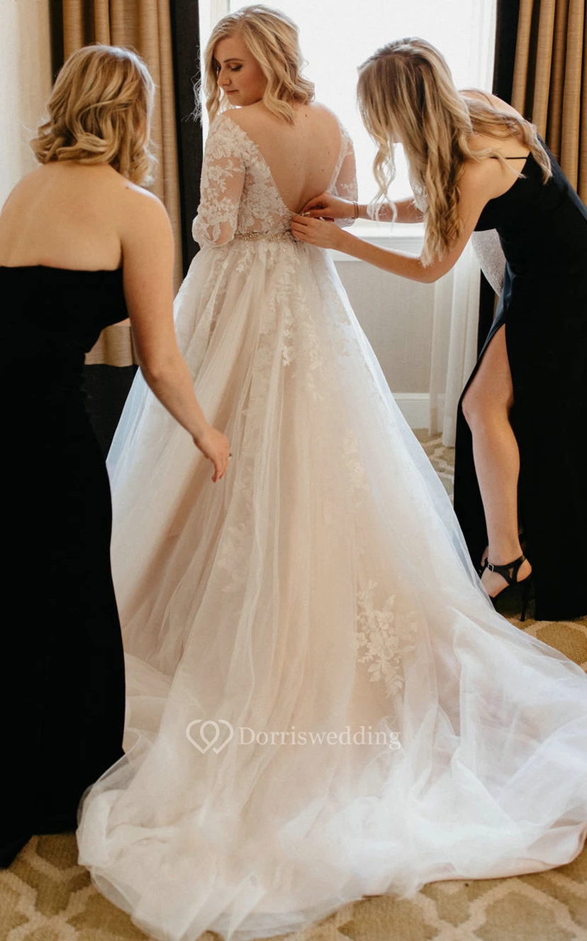 Elegant A Line Lace Brush Train Long Sleeve Backless Wedding Dress with Appliques view 3