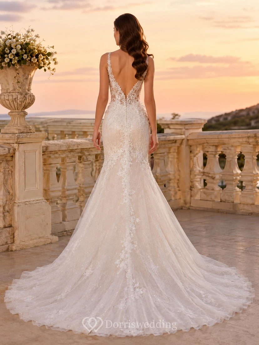 Robe de mariée sirène en dentelle florale à col en V spaghetti et traîne chapelle de luxe view 2