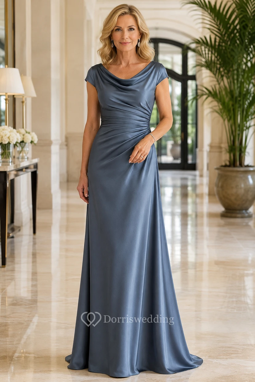 Stahlblaues Satin-Etui-Kleid mit Wasserfallausschnitt