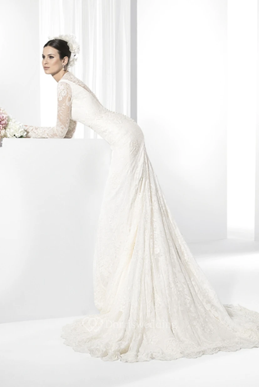 Floor-Length High Neck Long-Sleeve Lace Wedding Dress With Appliques And Illusion view 2