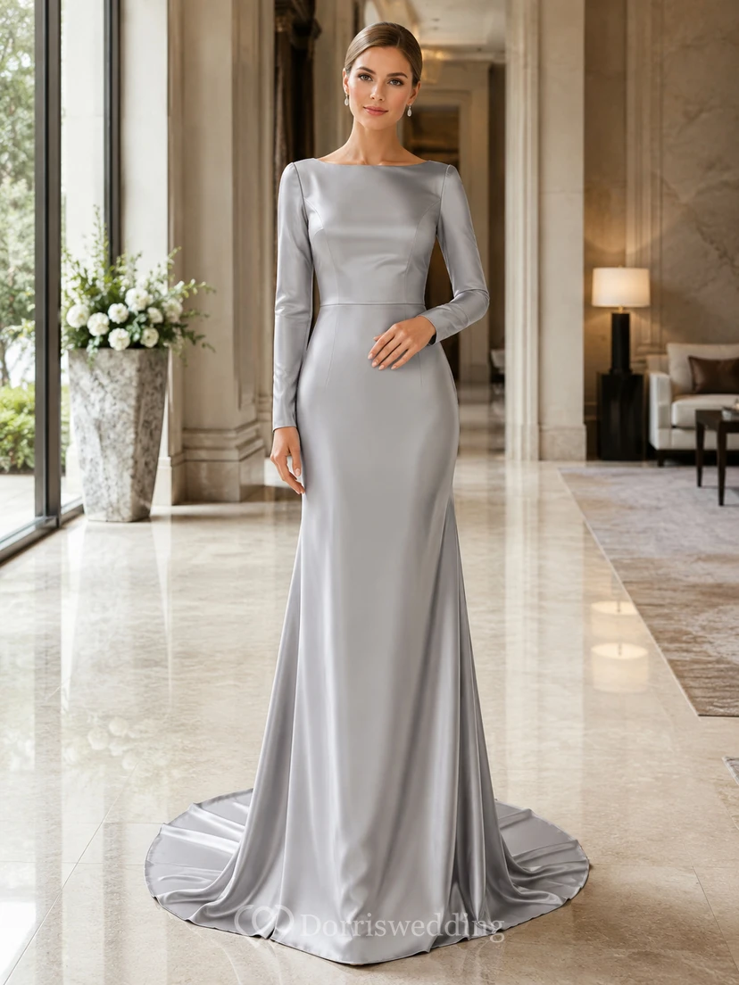 Steel Grey Bateau Long Sleeve Satin Mermaid Deep Back Wedding Gown