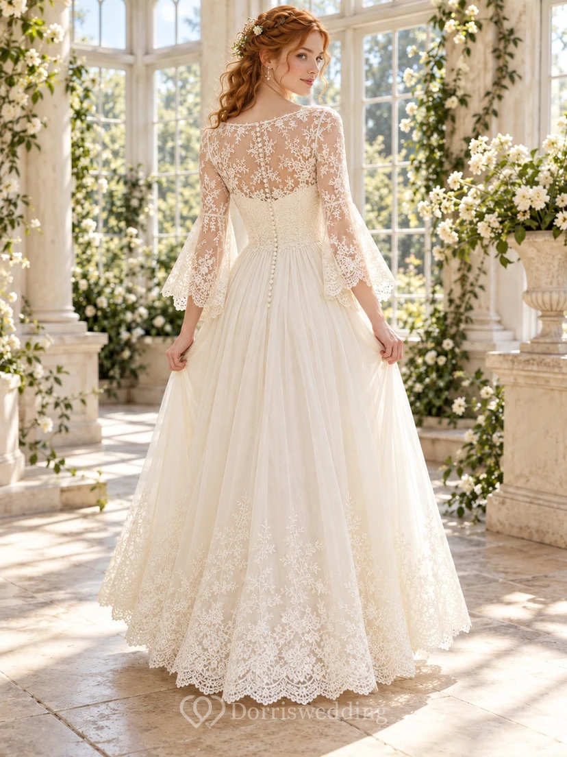 Tea-length Bell Sleeve Floral Lace Chiffon A-line Wedding Dress view 2