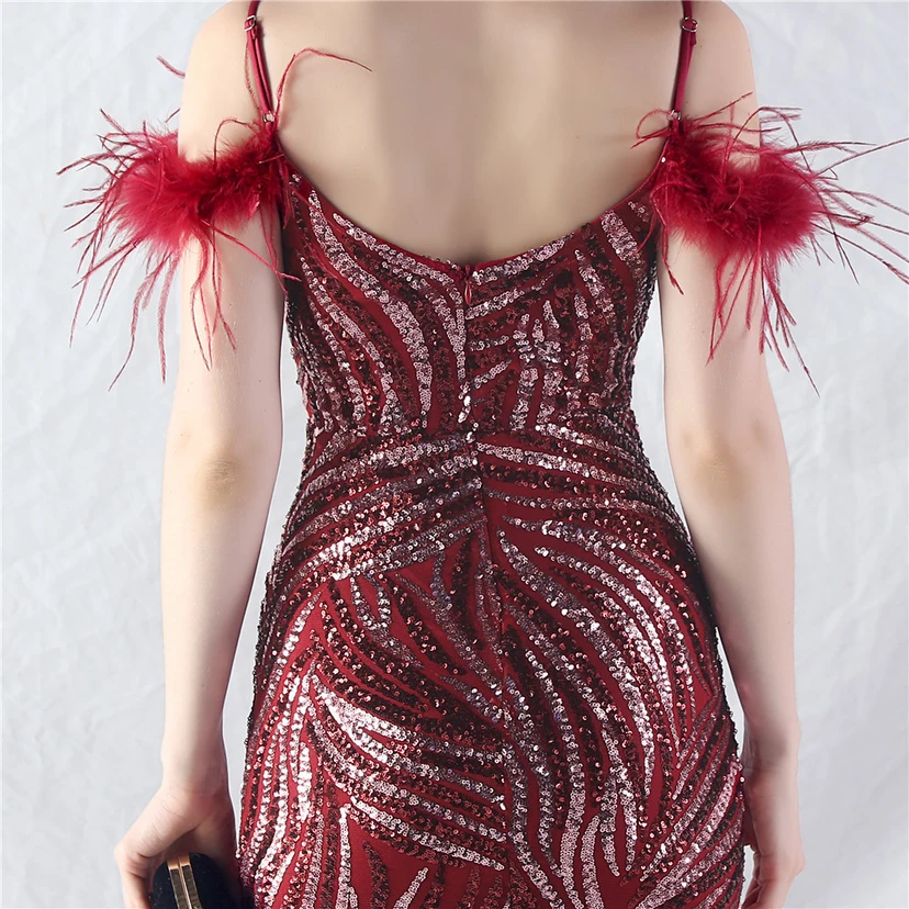 Crafted Ostrich Feather Stacked Sequins Splicing Mesh Gauze High-End Evening Dress Clothes view 7