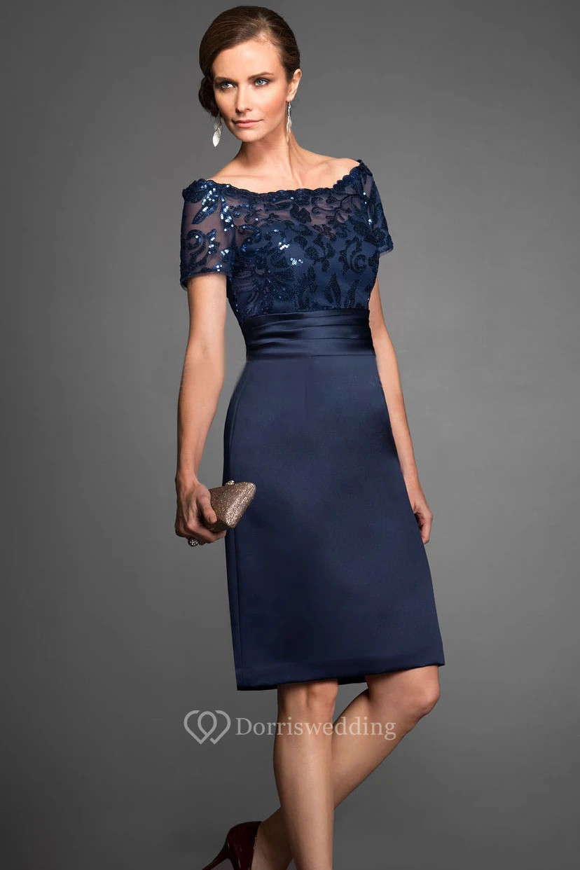 Short-Sleeved Knee-Length Mother Of The Bride Dress With Sequins And Illusion Style view 2
