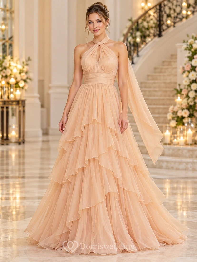 Petal Halter Ruched Waist Cascading Tiered Scarf Back Evening Gown