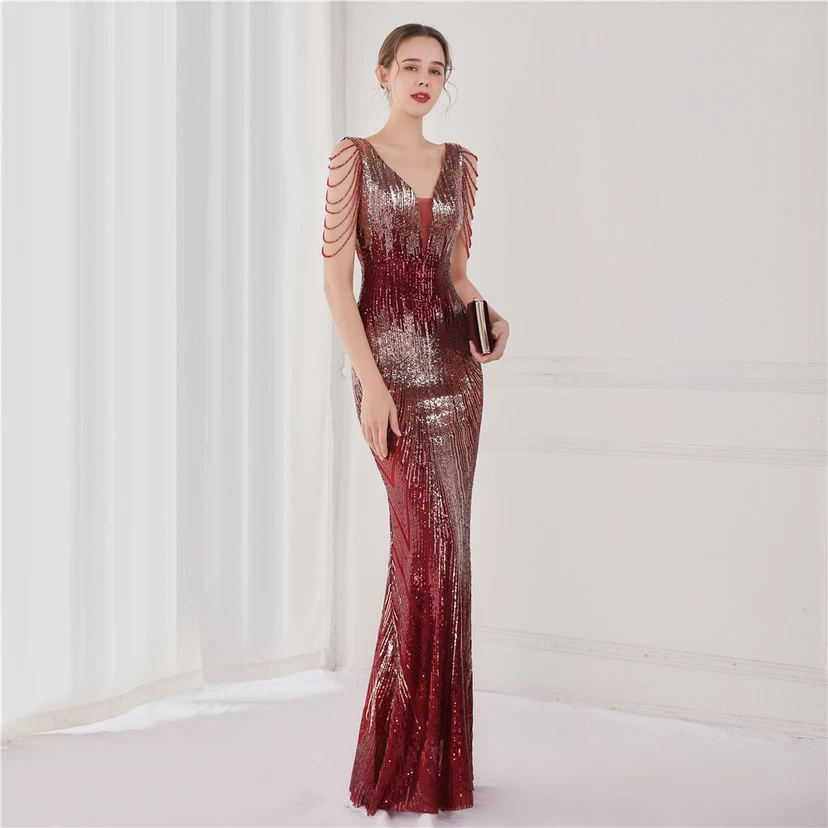 Vestido largo de lentejuelas con cola de pez, ideal para eventos, banquetes, eventos de celebridades y eventos de moda. Vestido de noche con etiqueta para modelos de automóviles. view 4