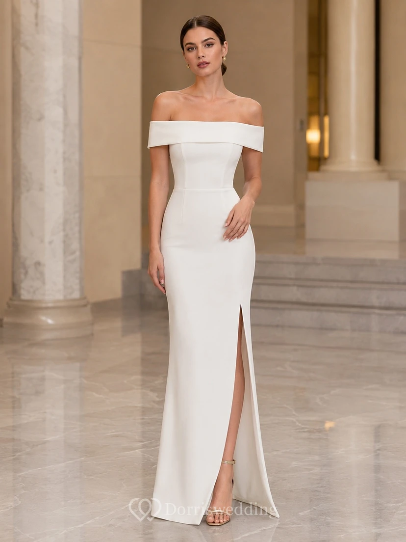 Off-the-Shoulder Satin Sheath Split Formal Wedding Dress