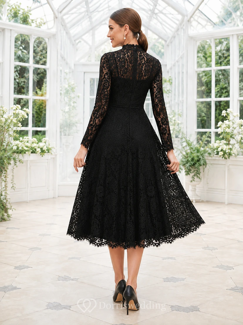 Schwarzes Vintage-Cocktailkleid mit hohem Kragen, Illusionsspitze und langen Ärmeln view 2