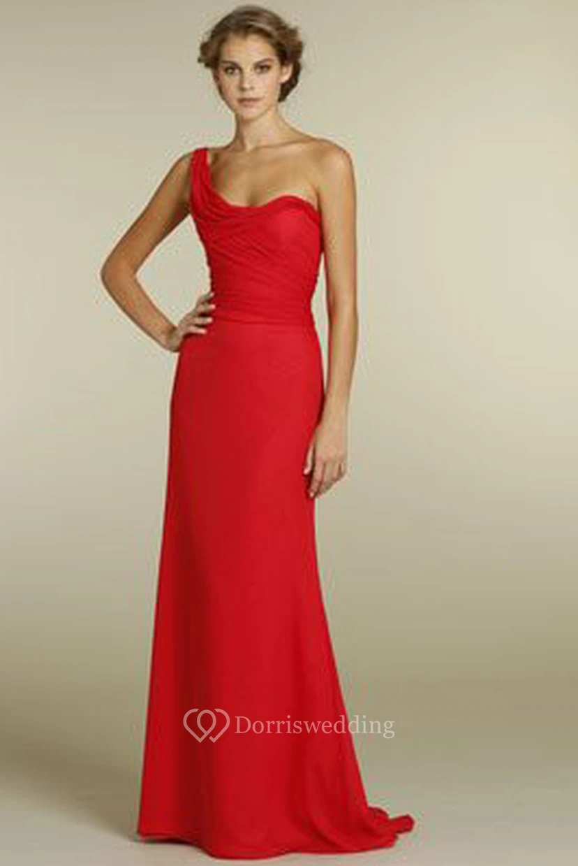 One-Shoulder Sleeveless Ruched Chiffon Bridesmaid Dress With Brush Train