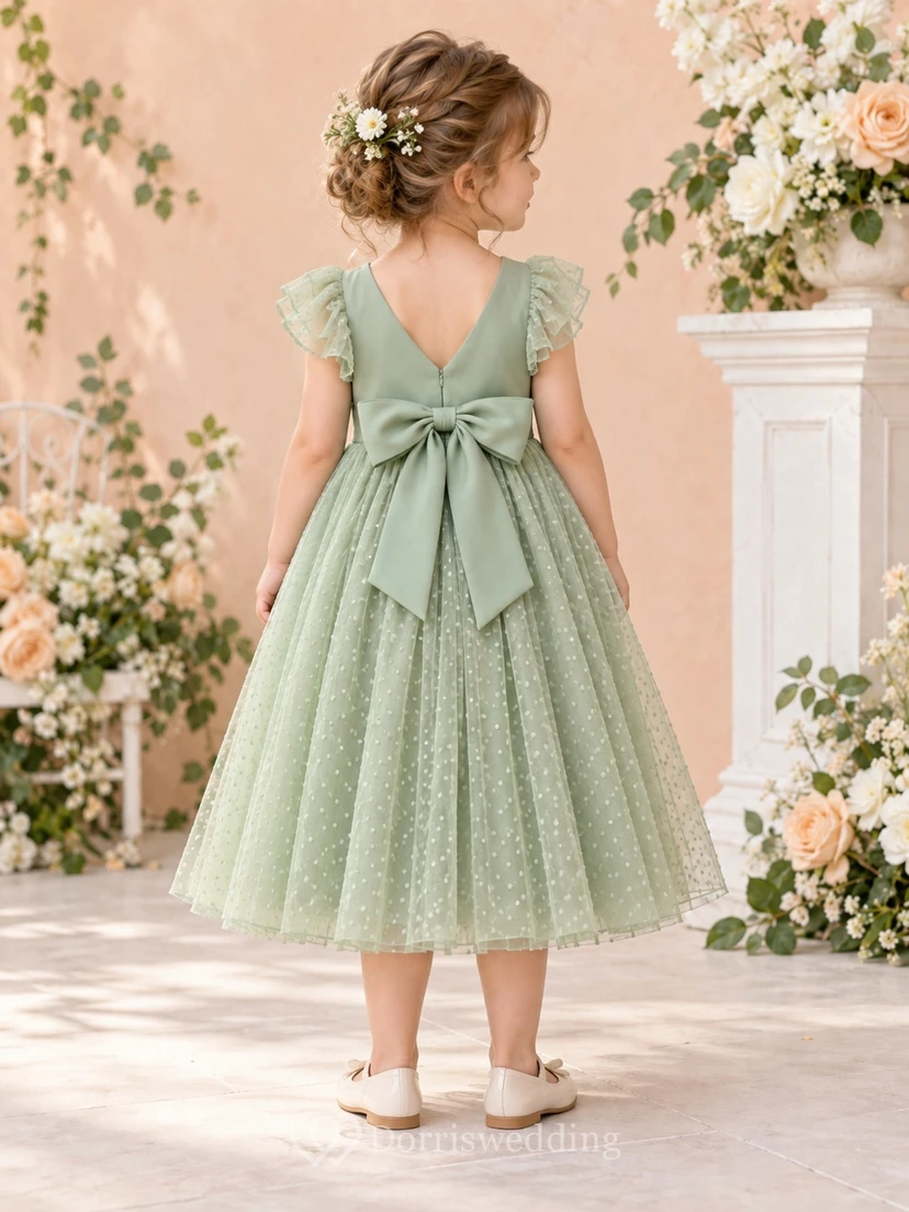 Teelanges, salbeigrünes A-Linien-Kleid aus Tüll mit Punkten, Volantärmeln, V-Ausschnitt am Rücken und Schleife am Rücken für Blumenmädchen view 2