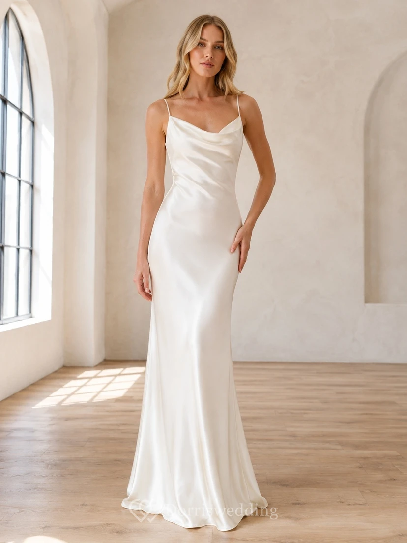 Robe de mariée fourreau simple à col bénitier et traîne