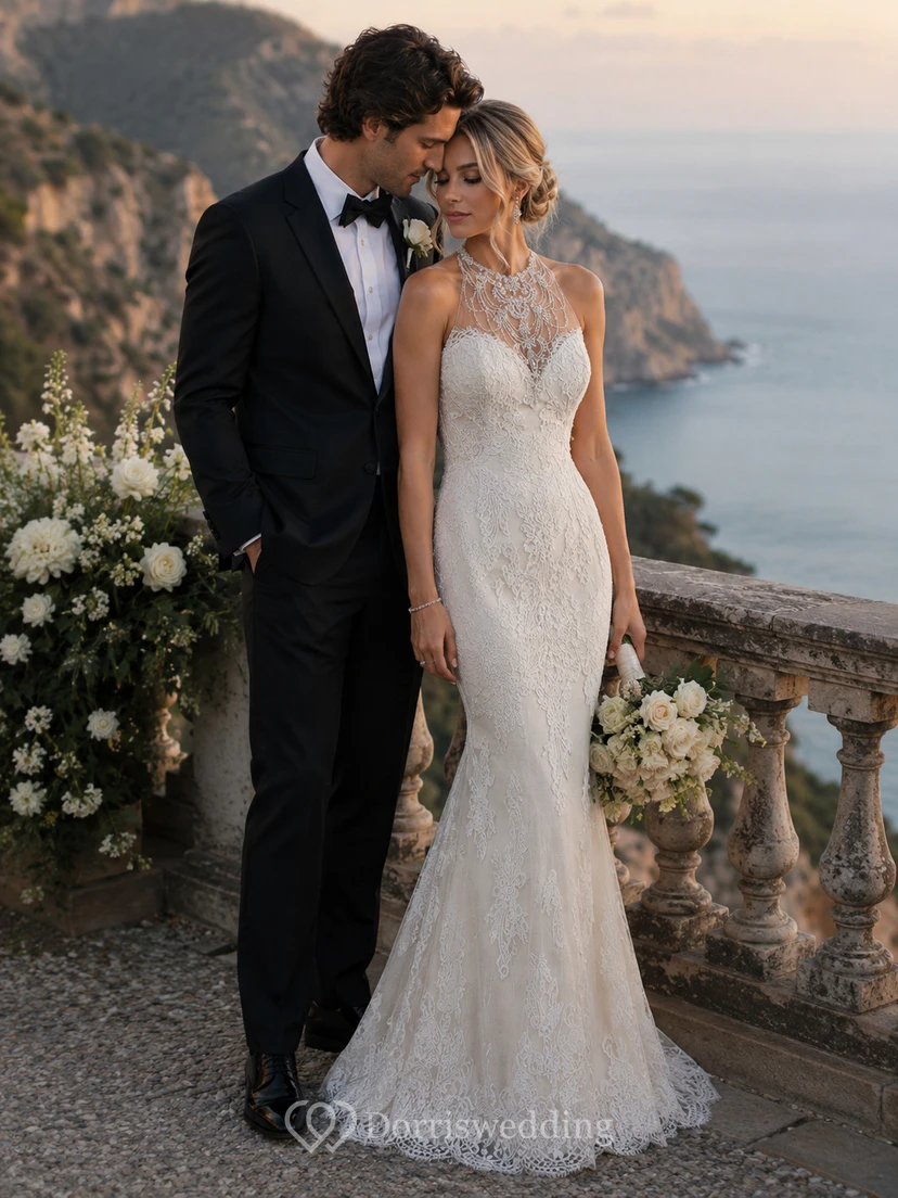 Vestido de novia de sirena sin mangas con cuello alto, escote ilusión y apliques. view 3