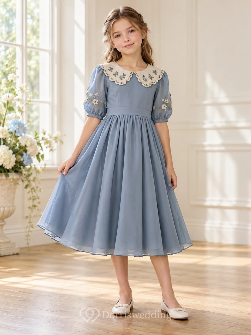 Steel Blue Floral Collar Elbow Sleeve Chiffon Flower Girl Dress