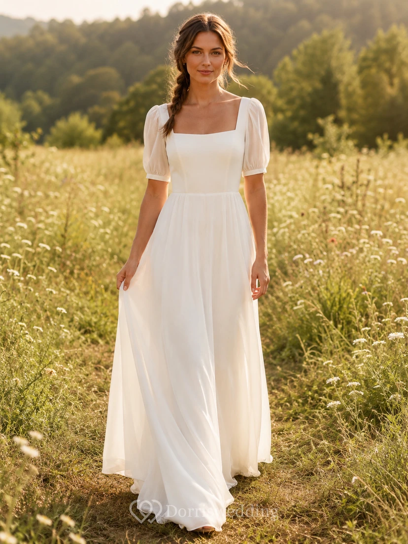 Schlichtes Boho-Hochzeitskleid aus Chiffon mit eckigem Ausschnitt, kurzen Puffärmeln und A-Linien-Schnitt, knöchellang