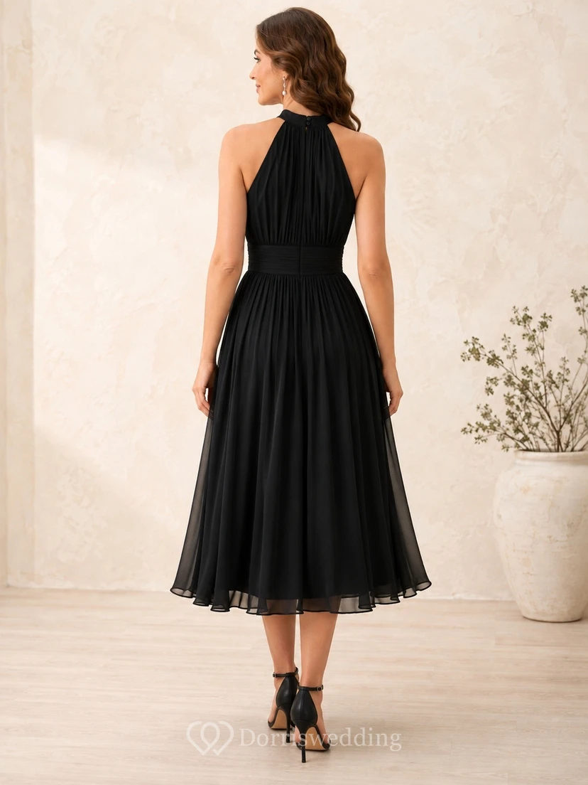 Elegant Black Halter Sleeveless Tea-length Chiffon A-line Pleated Dress view 2